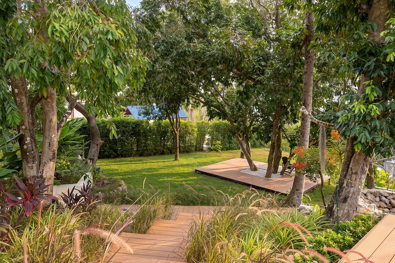 Garden paths and decks under the trees