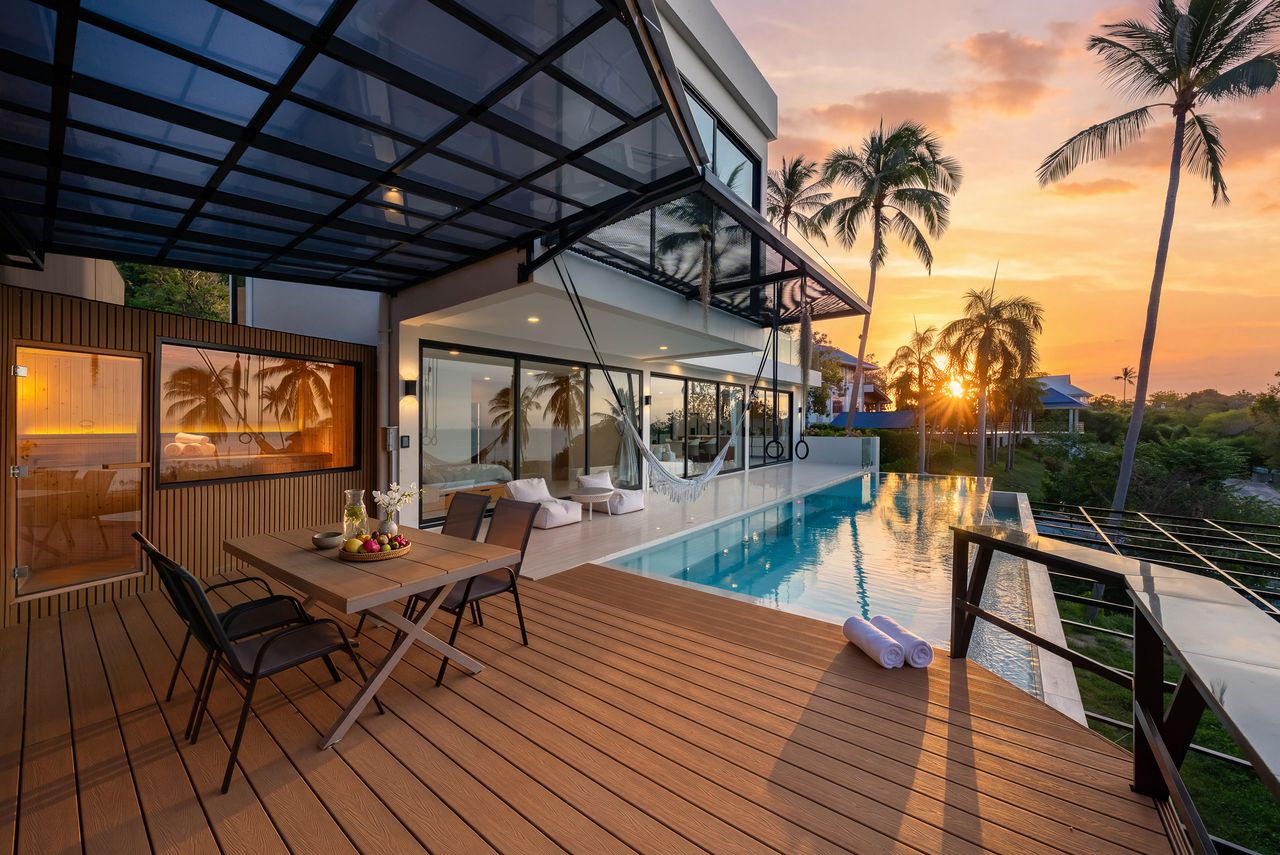 Dining on the pool deck at sunset